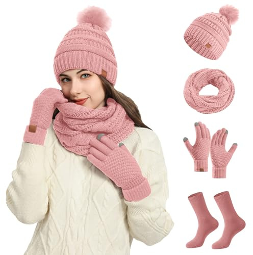 Generisch 2026 - Ensemble d'hiver pour femmes en laine : bonnet, mitaines et chaussettes, lot de 4 pièces, bonnet, écharpe, gants, jeune, Rose, taille unique