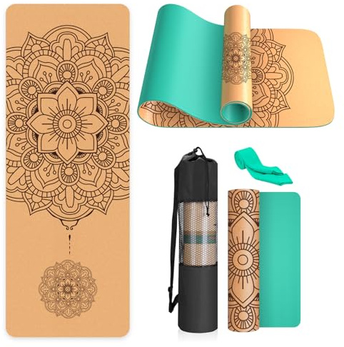Eco-Friendly Yoga Mat Non Slip Unique Design Natural Cork Tpe Material Fitness Exercise Mat with Carry Bag and Strap For Home, Pilates,Aerobic,Gym & Workout(4 patterns available)