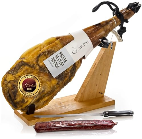 Jamon Iberico Schinken 4–4,5 kg – Paleta Iberica de Cebo mit Schinkenhalter, Chorizo & Messer – Original Spanischer Genuss, ideal für Tapas, Fiestas & Geschenke – Spanischer Schinken Pata Negra Hamon
