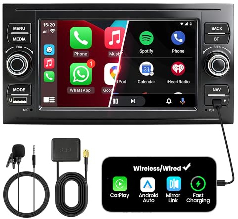 FLUXEONS Doppel DIN Autoradio mit Bildschirm für Ford Transit Fiesta Focus Mondeo Kuga, Wireless CarPlay & Android Auto, 7 Auto Radio Touch Display, 4GB+64GB, Bluetooth 5GHz WiFi DAB+ FM AUX GPS