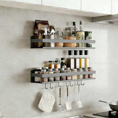 Topnewhome 2er Set Wandregal 40cm mit 6 Haken,Gewürzregal,Grau | Vielseitige Wandaufbewahrung für Küche, Bad und Balkon.Montage ohne Bohren, ideal für Gewürze,Flaschen und kleine Utensilien