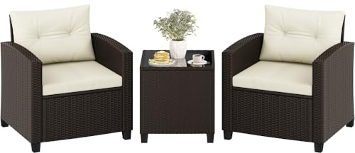 Yaheetech 3 TLG. Rattan Gartenmöbel Set mit Sitz- & Rückenkissen, Balkonmöbel Set inkl.2 Sessel & Tisch, 2 Personen Terrassenmöbel Sitzgruppe Lounge Set für Balkon Terrasse Garten, Braun & Beige