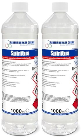 Ravensberger Chemie Spiritus Alkohollösung – Agrar-Alkohol aus nachwachsenden Rohstoffen, vielseitig einsetzbar als Reiniger, Frostschutz bis –30 °C & umweltfreundlicher Brennstoff (2x 1 Liter)