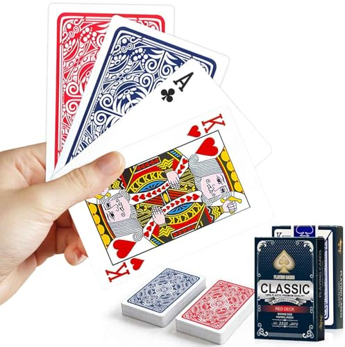 JWENUPDE wasserdichte Spielkarten aus Kunststoff, 2 Decks Plastik Pokerkarten, Hochwertig Poker Kartendeck für Casino, Blackjack, UNO, Romme Kartenspiel, Spieleabend & Zaubertricks (Rote und Blaue)