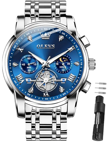 OLEVS Herren Uhren Luxus 42mm Große Quarz Edelstahlarmband 30M Wasserdicht | Armbanduhr Herren Business Chronograph mit Mondphase Luminous Zifferblatt Luxu Speziell für Männer Entwickelt
