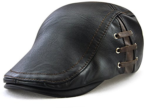 KUYOU Herren Gatsby Flatcap PU-Leder Schiebermütze Ivy Schirmmütze Kappe