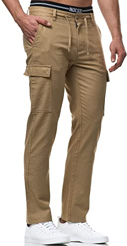 Indicode Herren Leonardo Cargohose aus Leinen & Baumwolle | Stoffhose für Männer Cornstalk, S