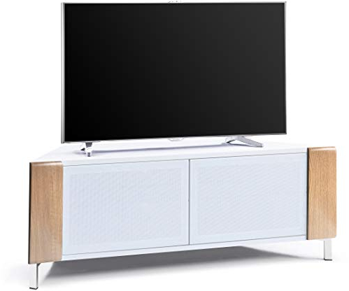 MDA Designs CORVUS Corner-Friendly Gloss White Contemporary Cabinet with Oak Profiles White BeamThru Glass Doors Suitable for Flat Screen TVs up to 50