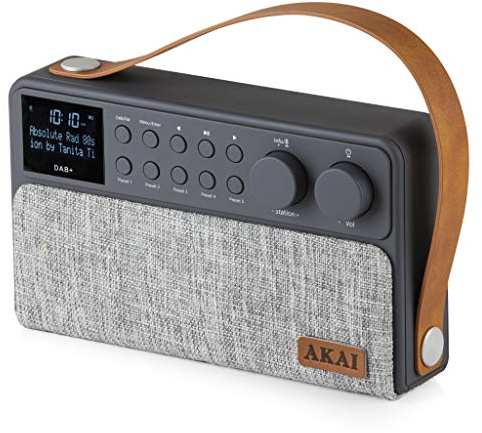Akai A61028 Beautifully designed Portable FM/DAB Radio with Bluetooth, Rechargeable battery with 8 hours playback, Large LCD Display, leather strap for easy portability, 6 W Speaker, Grey Fabric