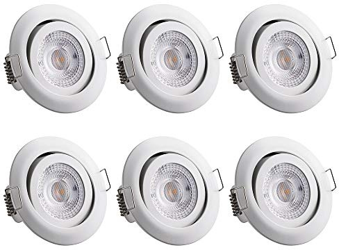 Monzana® 6X White Recessed LED Downlights for Ceiling, 3000K Warm White | Spot Lights Ceiling, Round, Flat, Dimmable Spotlights, Modern Flush Downlights, 400LM Down Lights 220-240V, 68mm Spot Light.