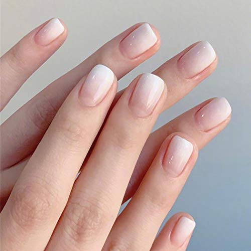 Brishow White Short Square Fake Nails with French Design Acrylic Gloss Full Cover Pack of 24 for Women and Girls