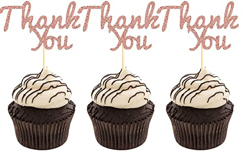 Sumerk 24PCS Glitter Rose Gold Thank You Cupcake Toppers Thanks Cupcake Picks Baby Shower Birthday Wedding Party Decoration Supplies