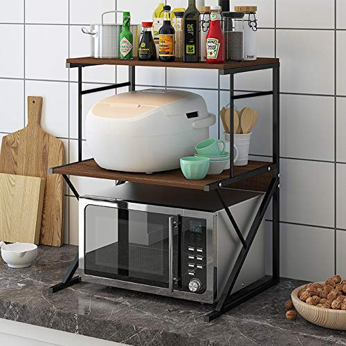 QIHANG-UK 3-Tier Microwave Oven Shelf Stand, Standing Baker's Rack, Over Microwave Shelf Unit with 1 Drawer, Kitchen Countertop Organizer, Kitchen Storage Shelf with Wood Top Metal Frame (Dark Oak)