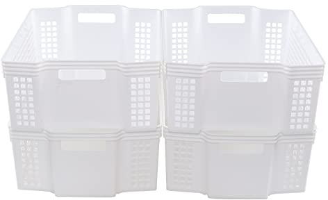 Mayish 15 L Stacking Plastic Storage Basket, Plastic Cupboard Basket, 4 Packs White