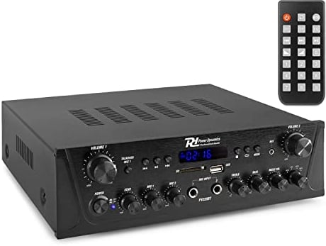 Power Dynamics PV220BT 2 Zonen Verstärker, 200 Watt Bluetooth Receiver, MP3-Player, UKW Radio, USB, SD, AUX, 2x Mikrofon-Eingang mit Echo für Karaoke, Talkover - Schwarz