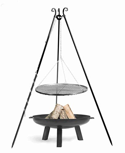 JS Garten Deko Set: Dreibein H 180 cm mit Grillrost Ø 70 cm aus Rohstahl + Feuerschale Polo Ø 80 cm Grillen Grillanlage CookKing