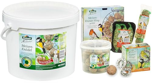 Dehner Natura Wildvogelfutter Starterset, Meisenknödel-Ring und Futtermix, 5-teilig & Natura Wildvogelfutter, Meisenknödel, ohne Netz, 100 Stück (10 kg)