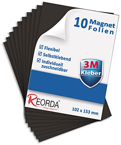 Reorda® Magnetfolie selbstklebend 10er Set - Magnetpapier mit starkem 3M-Kleber - Magnetplatte zuschneidbar für Kühlschrank, Tafeln & Poster - Magnetische Folie selbstklebend für's Basteln