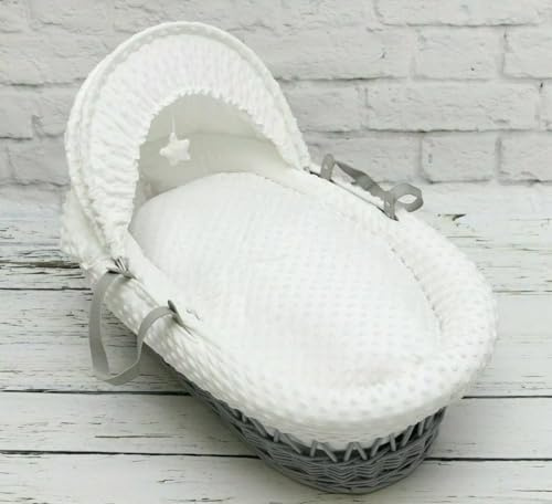 Luxury Moses Basket Padded Grey Wicker Baby Full Set - White Dimple
