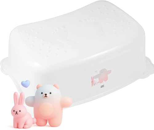 Hylat Baby Kinder Tritthocker – Stabiler Toilettenhocker - Fußhocker – Gummiert & Leicht – Hocker für Kinder ab 3 Jahren bis 40 kg - Weiß mit Friends-Motiv