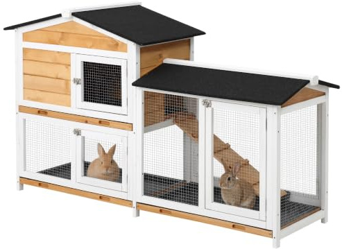 PawHut Conejera de Madera Exterior Jaula 2 Niveles 157,4x53x93,5 cm Natural