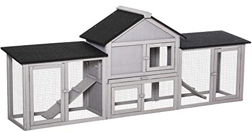 PawHut Kleintierstall Zwergkaninchenstall Kleintierkäfig mit Asphaltdach und Freigehege Kleintierhaus doppelstöckig Tannenholz Grau 210 x 45,5 x 84,5 cm