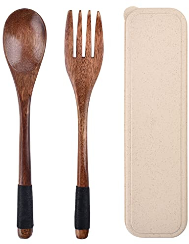 Juego de Cubiertos de Madera Con Tenedores, Cucharas y Cucharaditas - Estuche Incluido - Reutilizables Para Miel y Más