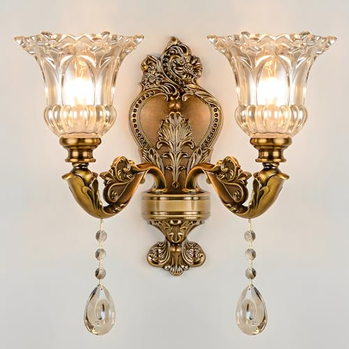 Vintage Floral Wall Mount Lamp 2 Head Crystal Glass Shade Wall Sconce Light Retro Golden Bronze Color Decoration Metal Wall Lamp, Bedside Living Room Restaurant Stairs Hotel Bars (E14 Base, No Bulb)