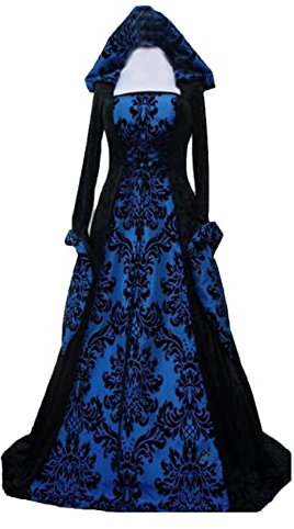 Robe longue vintage pour femme - Style gothique, médiévale et Renaissance - Taille nouée - Avec capuche - Costume de princesse Renaissance - Pour les fêtes de cosplay, Halloween, le carnaval - Bleu -