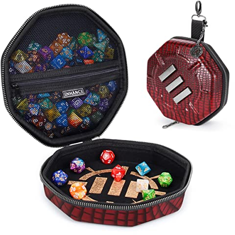 ENHANCE DND-Würfelablage und Würfeletui – Collector's Edition DND-Würfelhalter für bis zu 150 D&D-Würfel mit robustem Äußeren und schützendem Inneren – Würfelrollablage (Drachen Rot)