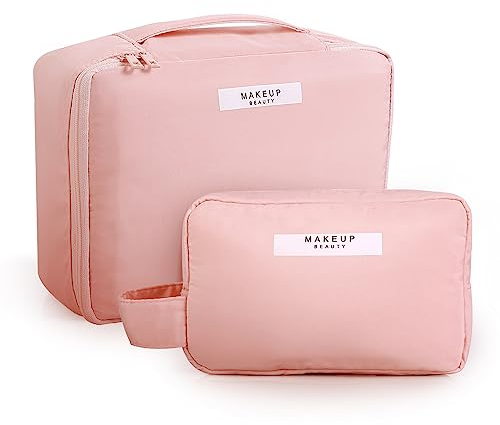 Romon 2 Stück Reisen Kosmetiktasche, Kosmetiktasche Damen Wasserdicht, Tragbare Make-up Tasche, Kosmetiktasche Groß und Klein für Damen und Mädchen (Rosa)
