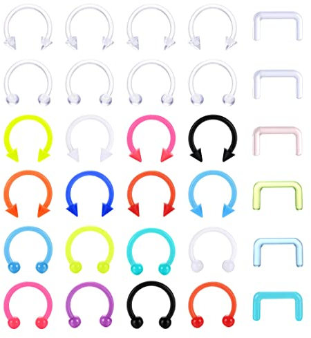 Kakonia 30Pcs Septum Retainer 16G Bunte klare Bioflex Hufeisen U-förmige Septum Ringe Retainers Flexible Kunststoff Nasenringe Reifen Lippe Knorpel Piercing Retainer für Frauen Männer 8