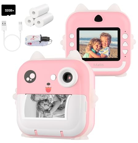 Kinderkamera Sofortbildkamera, Kamera für Kinder digitalkamera Kinder instant Camera 1080P 2,4 Zoll Bildschirm, Kamera Kinder sofortdruck mit Druckpapier & 32G TF Karte, Präsent für Kinder (Rosa)
