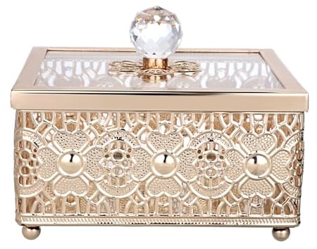 SUMTree Metal JewelrJy Box Trinket Organizer with Lid for Earrings Rings Jewelry Trinkets, Square Vintage Box for Birthday, Wedding, Mothers Days Gifts, 15 * 15 * 8.5cm (Gold)