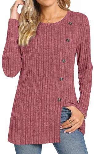 TAOHUADAO Women's Long Sleeve Jumpers Crewneck Tunic Tops with Button Sides Loose Casual Fall Sweater Shirts for Leggings 2XL, Red