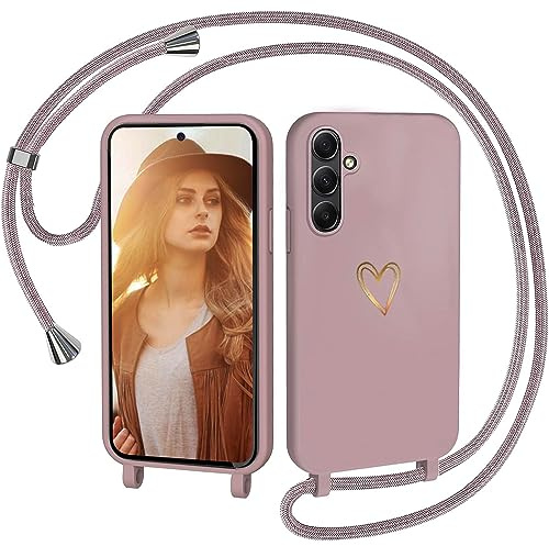 CaseLover Handyband für Samsung Galaxy A34 5G Hülle mit Band, Pink | Herz Muster, Silikon Necklace Handyhülle mit Abnehmbar Kordel zum Umhängen, Stossfest Bumper Handy Schutzhülle Case