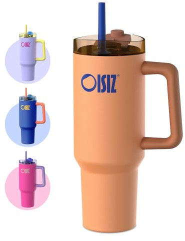 OISIZ Gobelet de 1200 ml avec poignée et couvercle à paille - Bouteille d'eau réutilisable isotherme sous vide - Tasse à café de voyage avec couvercle à bec - Anti-fuite, sans BPA, garde au froid