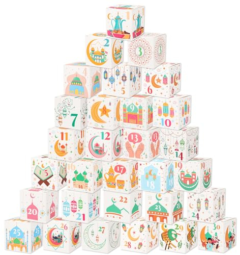 DPKOW Ramadan Kalender zum Befüllen zum Basteln und Befüllen,Eid Mubarak Geschenkboxen zum Aufstellen und Dekorieren,Wiederverwendbar Eid Mubarak Box für Ramadan Deko Eid Mubarak Dekoration,30 Stück