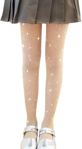 LOLANTA Paquete de 2 medias de red para niñas, pantimedias con diamantes de imitación brillantes para competición de baile para niñas, Desnudo brillante, 8-13 años, XL