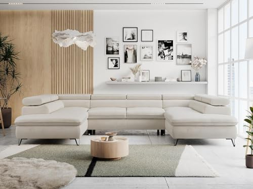 MKS MEBLE Sofa U-Form Beige, Wohnlandschaft U-Form, Sofa mit Schlaffunktion und Bettkasten, Schlafsofa mit Bettkasten, Couch mit Verstellbare Kopfstützen - Peter U - Creme Velvet