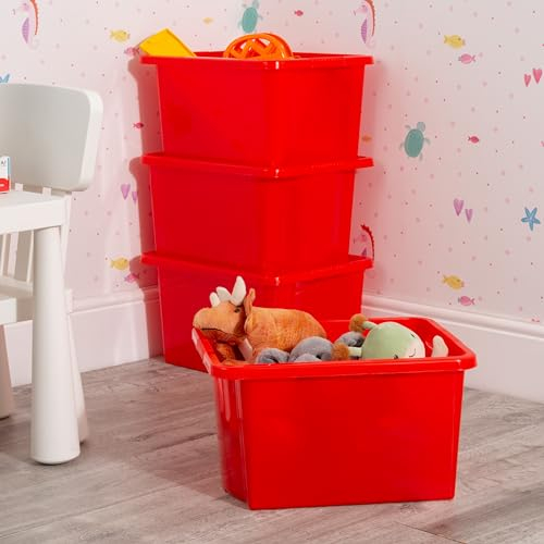Wham Stack & Store, Pack 4 30L Red Plastic Storage Organisation Boxes, Integrated Handles, Strong, Stackable/Nestable, Home, Office, Classroom, Playroom, Toys, L45.5 x W35 x H25cm