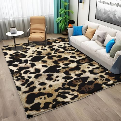 Teppich Wohnzimmer Leopardenmuster 140x200 cm Dauerhaft Waschbarer Heimdeko, Wasserdicht Schmutzabweisender Rutschfester Teppich für Schlafzimmer, Esszimmer - Gelb