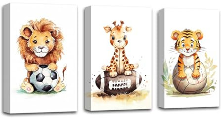 CXHOSTENT Dschungeltiere Kinderzimmer Wanddekoration 3 teilig Löwe Giraffe Tiger mit Fußball Leinwand Wandbilder Aquarell Tier Wanddekoration (B, 30.00 x 40.00 cms x 3PCS)
