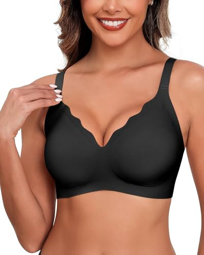 HORISUN Ohne Bügel BH für Damen, Nahtloser Bequemer V-Ausschnitt Vollständiger Bralette für Große Brüste mit Unterstützung Kein Bügel kabelloser Komfort Tshirt BHS (Schwarz 2XL)
