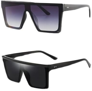 Dollger Retro Eckig Sonnenbrille Damen Herren Groß Mode Flat Top Big Rahmen Shades Schwarz+Grau