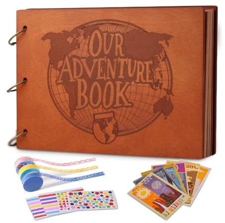 Travel Scrapbooking-Fotoalbum,Unser Abenteuerbuch Scrapbook, mit 3D-Holzeinband,28.3cm x 18.39cm,Globe-Design,DIY Selbstgestalten, für Geburtstags Reisetagebuch, Jubiläum