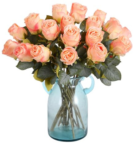 Kisflower 20 Pcs Artificial Rose Flower,Silk Blossom Rose Realistic Flower for Table Office Party Wedding Home Decor(Pink,20pcs)