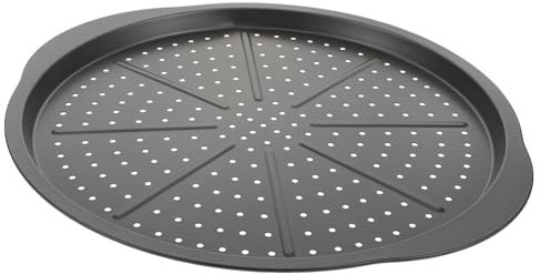 FUNOMOCYA 1pc Non-Stick Carbon Steel Pizza Tray Ergonomic Handles Perforated Baking Pan for Even Heat Distribution Essential Kitchen Tool for Delicious Homemade Pizzas
