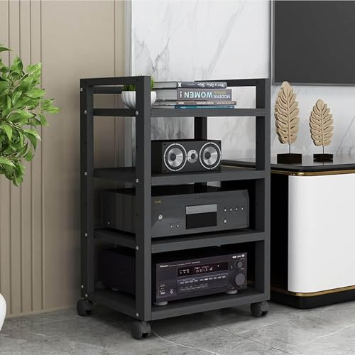 YQMHEZ Audio Rack HiFi Regal, Plattenspielerständer, Industrieller rollbarer Beistelltisch mit feststellbaren Rädern, HiFi Rack, for Entertainment-Stereokomponenten fürs Wohnzimmer, DJ/Theater(Nero)