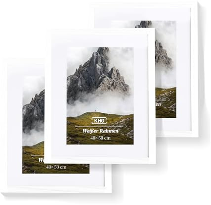 KHG Premium-Bilderrahmen 3er-Set 40x50 cm weiß, stabile Glasfront, Poster | hochwertiges Passepartout & MDF-Holzrahmen für Fotos, Zertifikate & Collagen, vielseitig einsetzbar, für Zuhause